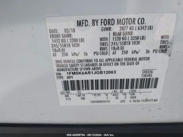 1FM5K8AR1JGB12063 Ford Police Interceptor Utility