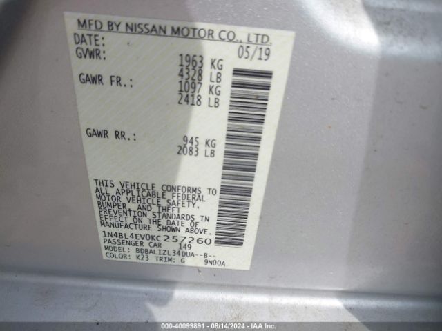1N4BL4EV0KC257260 Nissan Altima 2.5 Sl
