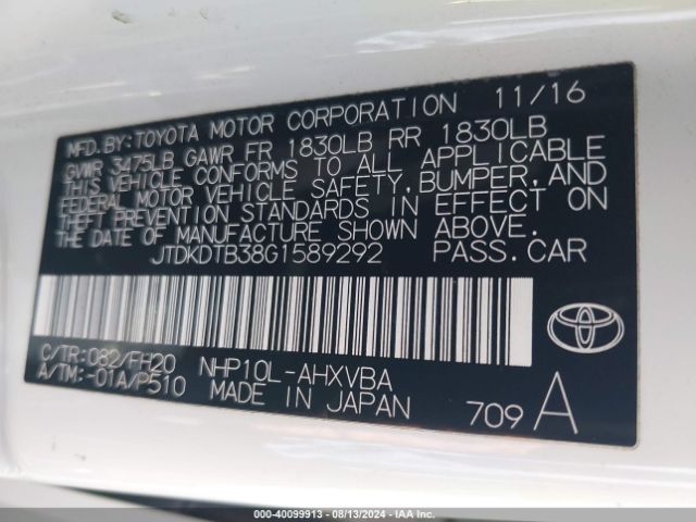 JTDKDTB38G1589292 Toyota Prius C One