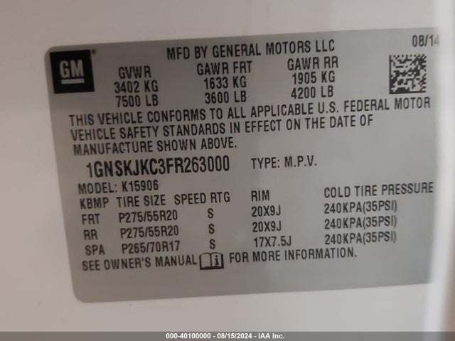 Chevrolet Suburban 1500 Lt 2015 1GNSKJKC3FR263000 Image 9