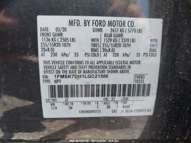 1FMSK7DH1LGC21500 Ford EXPLORER XLT