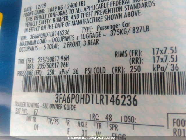 Ford FUSION SE 2020 3FA6P0HD1LR146236 Image 9