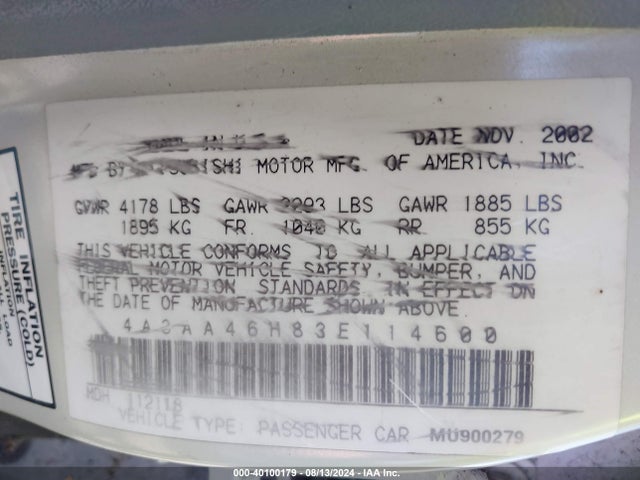 2003 MITSUBISHI GALANT 4A3AA46H83E114600 Photo 8