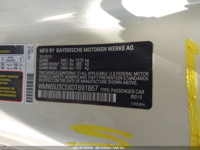 2013 MINI HARDTOP WMWSU3C5XDT691867 Photo 8