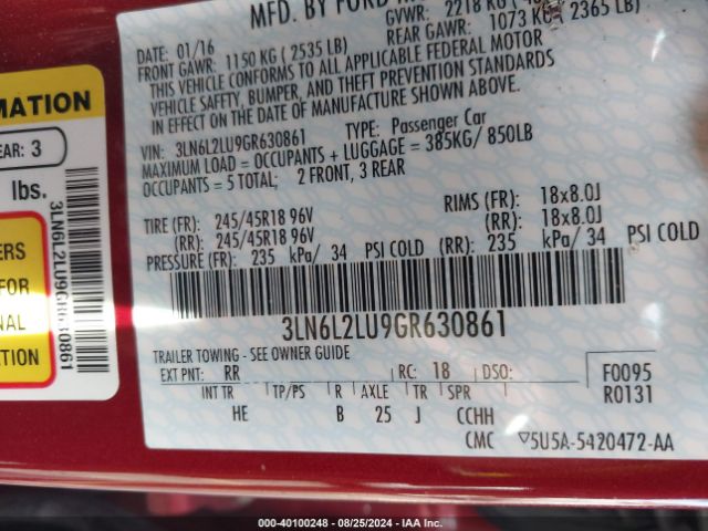 3LN6L2LU9GR630861 Lincoln MKZ HYBRID