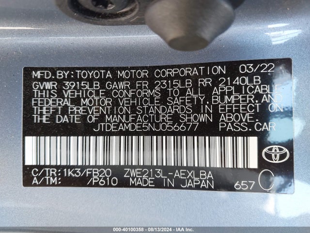 Toyota Corolla Hybrid Le 2022 JTDEAMDE5NJ056677 Image 9
