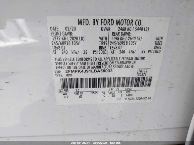 2FMPK4J91LBA58033 Ford EDGE SEL