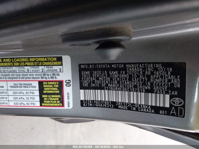Toyota COROLLA LE 2019 2T1BURHE6KC187318 Image 9