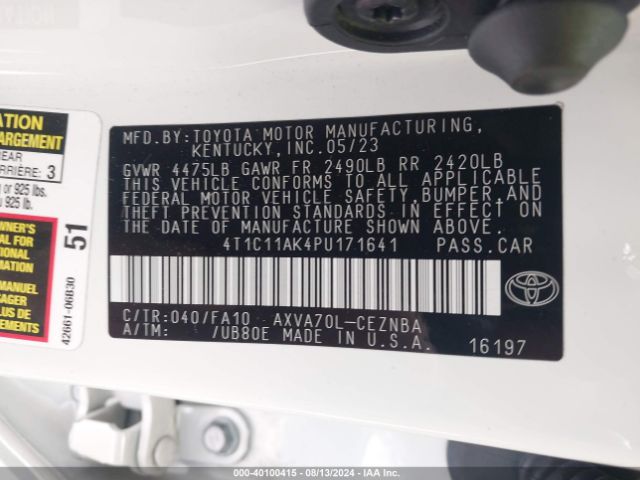 4T1C11AK4PU171641 Toyota CAMRY LE