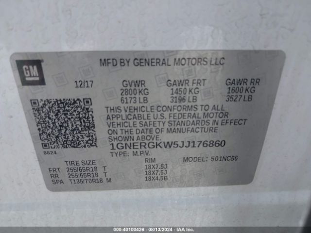 1GNERGKW5JJ176860 Chevrolet Traverse 1lt