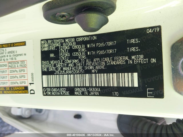Toyota 4runner Sr5 Premium 2019 JTEZU5JRXK5208751 Image 9