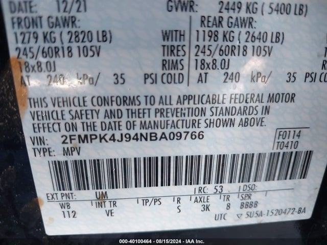 Ford EDGE SEL 2022 2FMPK4J94NBA09766 Image 9