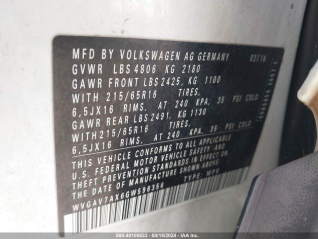 WVGAV7AX6GW596356 Volkswagen TIGUAN S