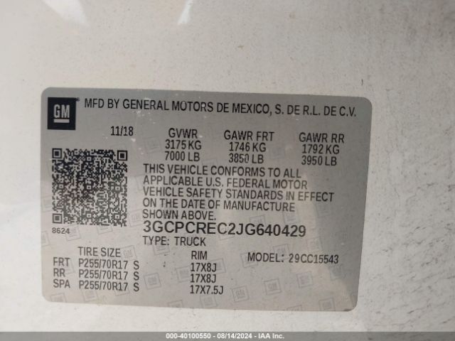 3GCPCREC2JG640429 Chevrolet Silverado 1500 Lt