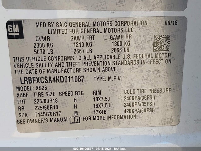 LRBFXCSA4KD011087 Buick Envision Fwd Essence