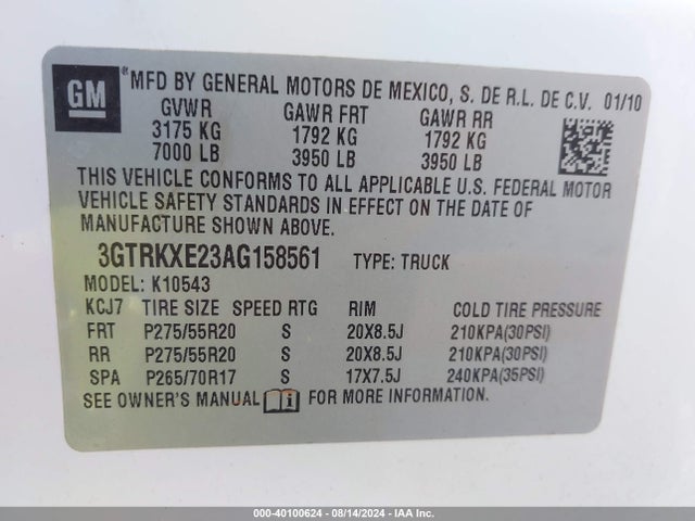 Продаж на аукціоні авто 2010 Gmc Sierra 1500 Denali, vin: 3GTRKXE23AG158561, номер лоту: 40100624