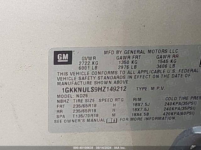 1GKKNULS9HZ149212 GMC Acadia Slt-1