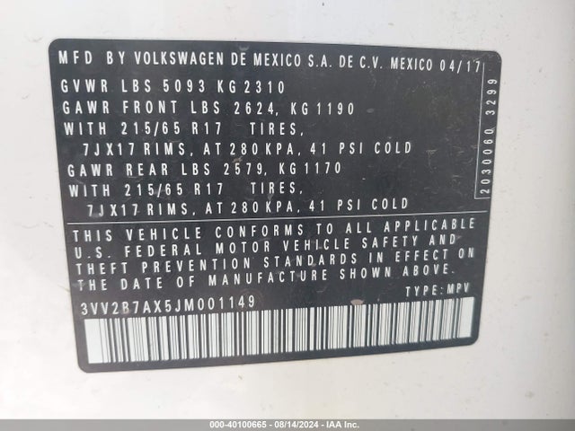 3VV2B7AX5JM001149 Volkswagen Tiguan 2.0t Se/2.0t Sel