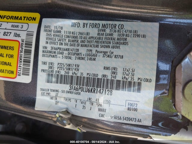 Ford Fusion Hybrid Se 2019 3FA6P0LU6KR147128 Image 9