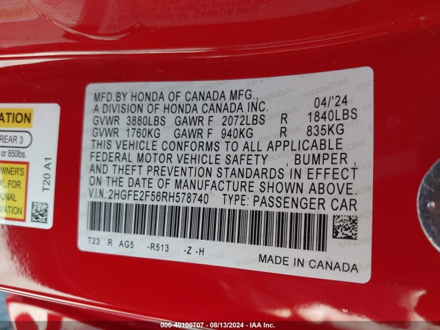 Honda Civic Sport 2024 2HGFE2F56RH578740 Image 9