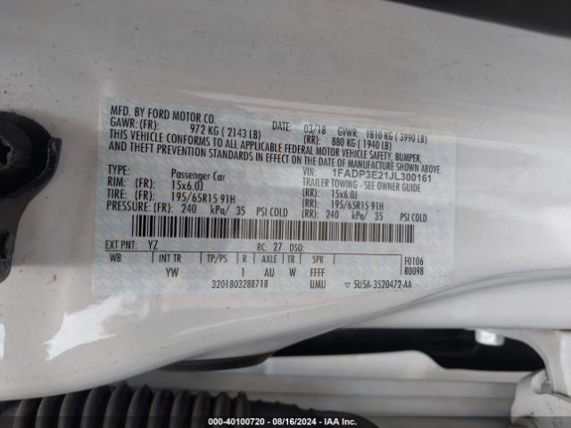1FADP3E21JL300161 Ford FOCUS S