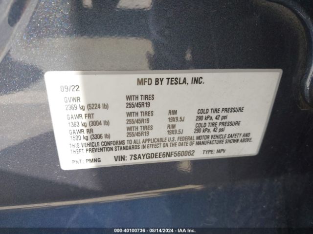 7SAYGDEE6NF560062 Tesla Model Y Long Range Dual Motor All-wheel Drive