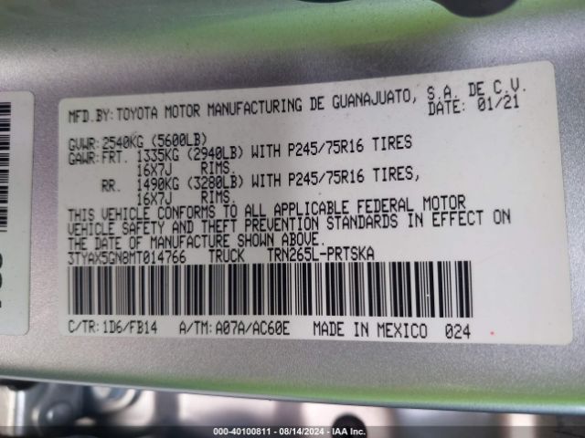 3TYAX5GN8MT014766 Toyota Tacoma Sr