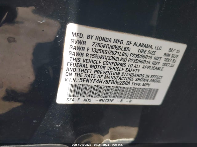Honda Pilot Ex-l 2015 5FNYF4H76FB052608 Image 9