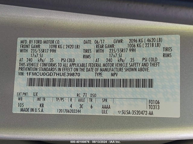Ford ESCAPE SE 2017 1FMCU0GD7HUE39870 Image 9