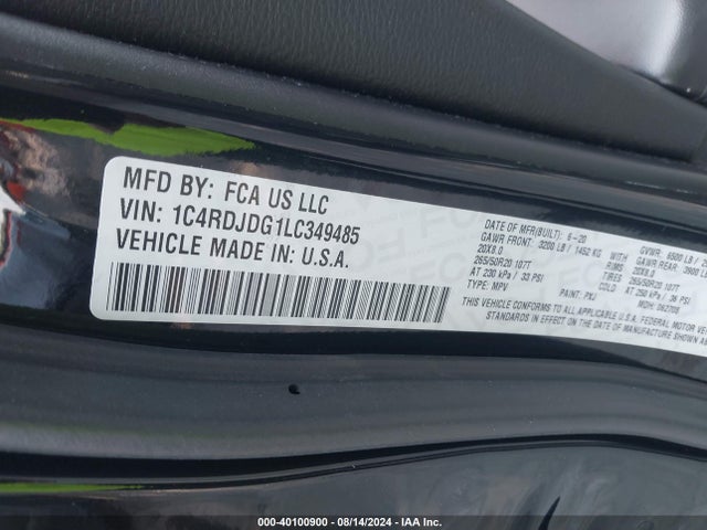 1C4RDJDG1LC349485 Dodge Durango Gt Plus Awd
