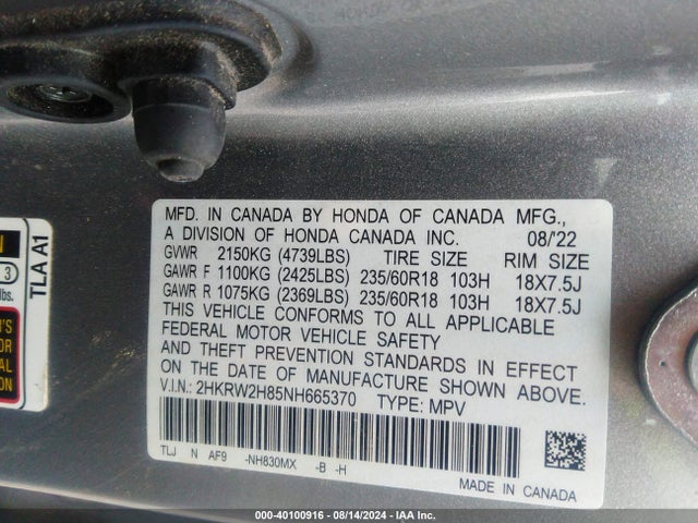 Honda Cr-v Awd Ex-l 2022 2HKRW2H85NH665370 Image 9
