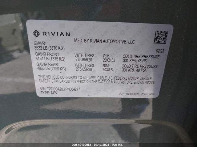 Rivian R1s Launch Edition 2023 7PDSGABL7PN004277 Image 9