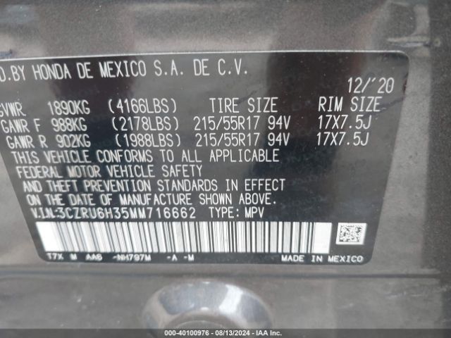 3CZRU6H35MM716662 Honda Hr-v Awd Lx