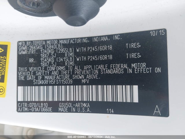 Toyota Highlander Xle V6 2015 5TDKKRFH5FS115039 Image 9