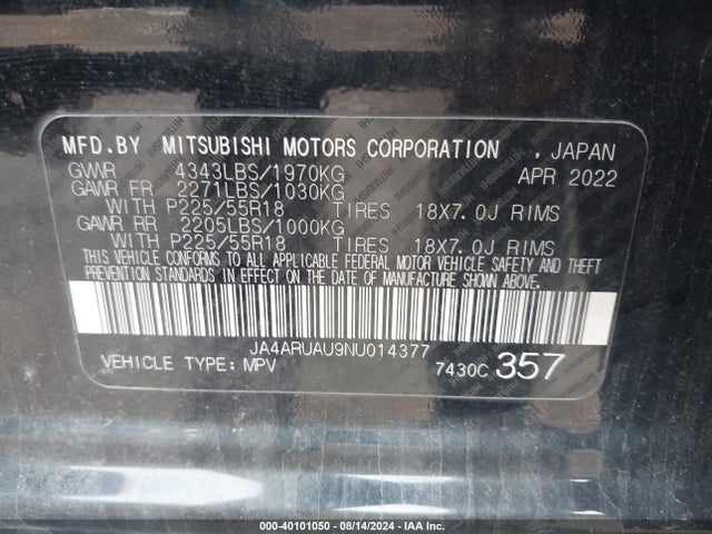 JA4ARUAU9NU014377 Mitsubishi Outlander Sport 2.0 Be Awc/2.0 Es Awc/2.0 Le Awc/2.0 Se Awc/2.0 Se Special Edition Awc