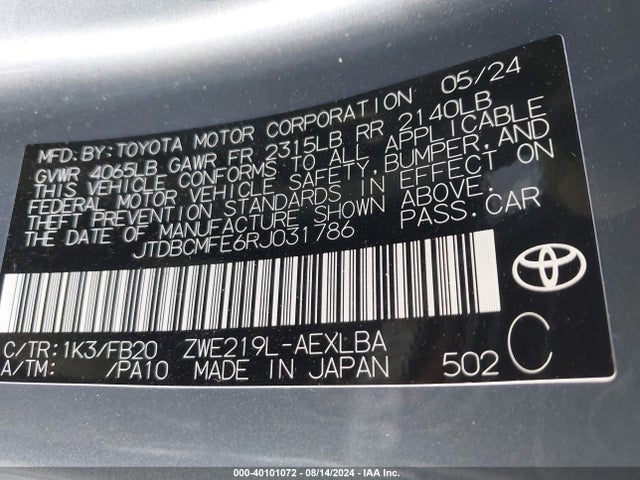 Toyota Corolla Hybrid Le 2024 JTDBCMFE6RJ031786 Image 9