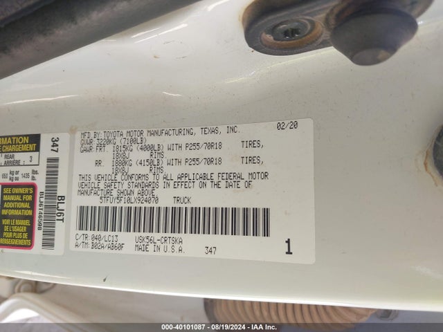 Toyota Tundra Sr 2020 5TFUY5F10LX924070 Image 9