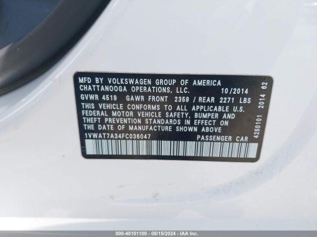 1VWAT7A34FC036047 Volkswagen Passat 1.8t Wolfsburg Edition