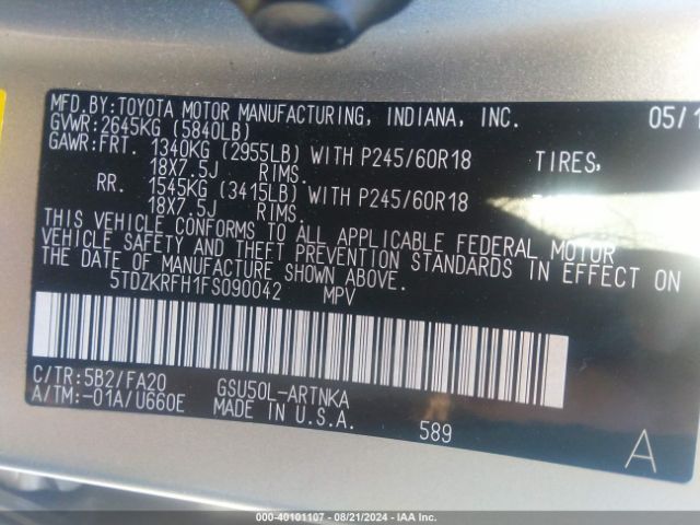 5TDZKRFH1FS090042 Toyota Highlander Le Plus V6