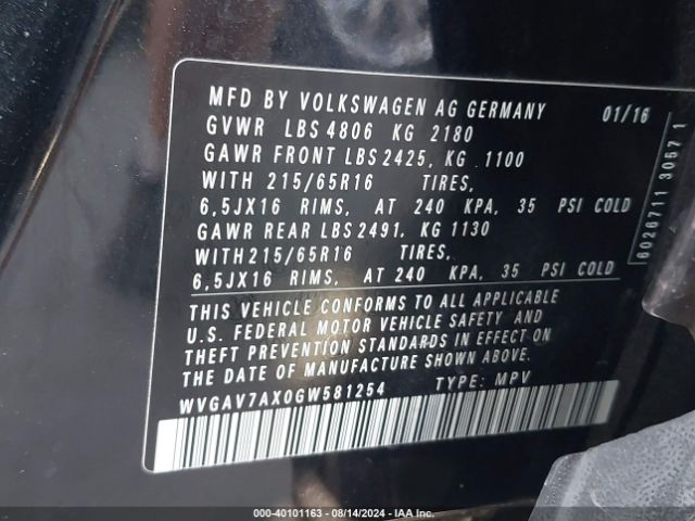 WVGAV7AX0GW581254 Volkswagen TIGUAN S