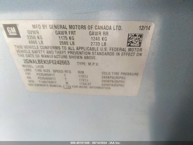 Chevrolet EQUINOX 1LT 2015 2GNALBEK5F6242663 Image 9
