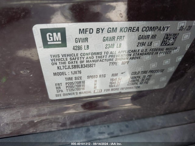 Chevrolet Trax Fwd Lt 2020 KL7CJLSB9LB345821 Image 9