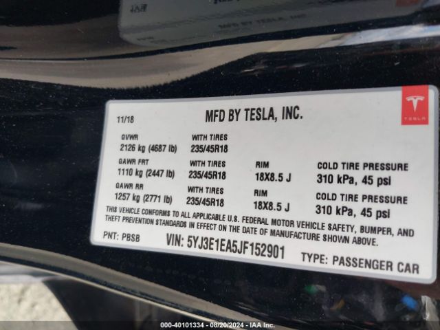 5YJ3E1EA5JF152901 Tesla Model 3 Long Range/mid Range