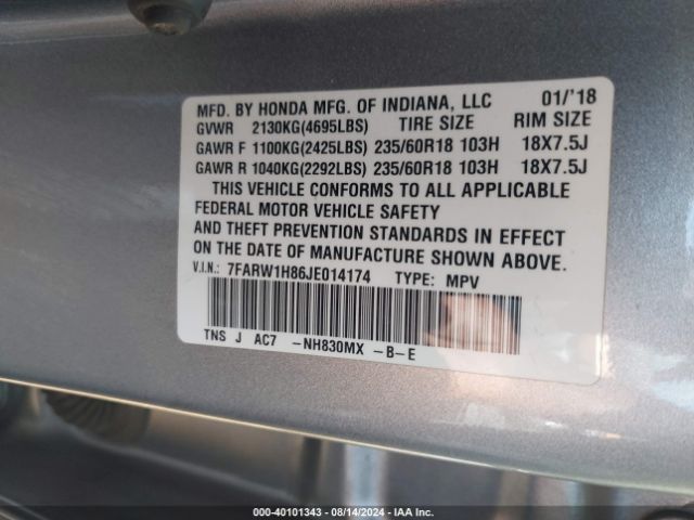 7FARW1H86JE014174 Honda Cr-v Ex-l/ex-l Navi
