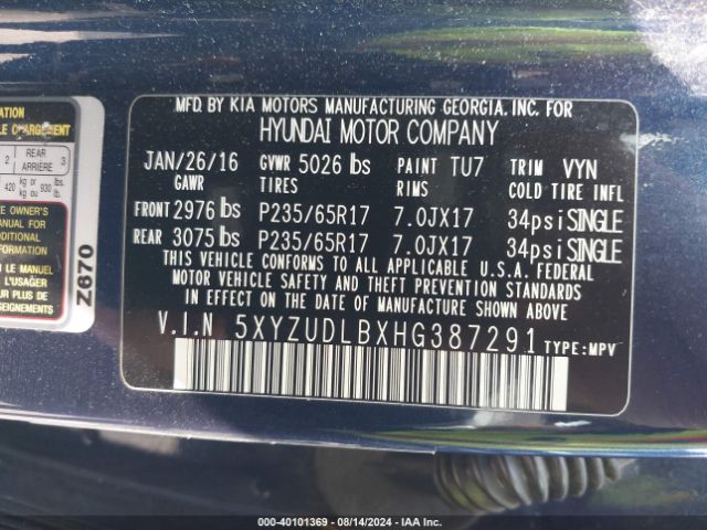 5XYZUDLBXHG387291 Hyundai Santa Fe Sport 2.4l