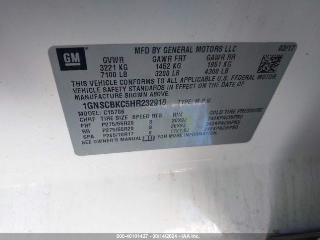 1GNSCBKC5HR232918 Chevrolet Tahoe Lt