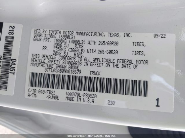 5TFLA5AB0NX018679 Toyota Tundra Sr5
