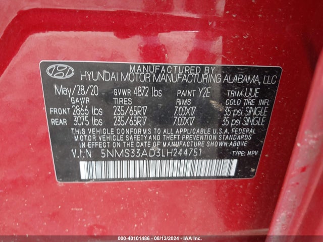 5NMS33AD3LH244751 Hyundai Santa Fe Sel