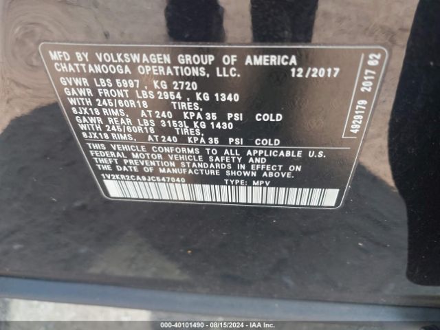 1V2KR2CA9JC547040 Volkswagen Atlas 3.6l V6 Se