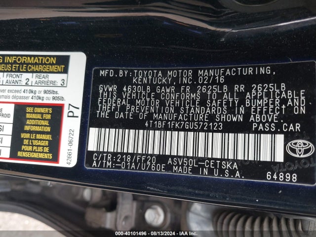 Toyota CAMRY SE 2016 4T1BF1FK7GU572123 Image 9